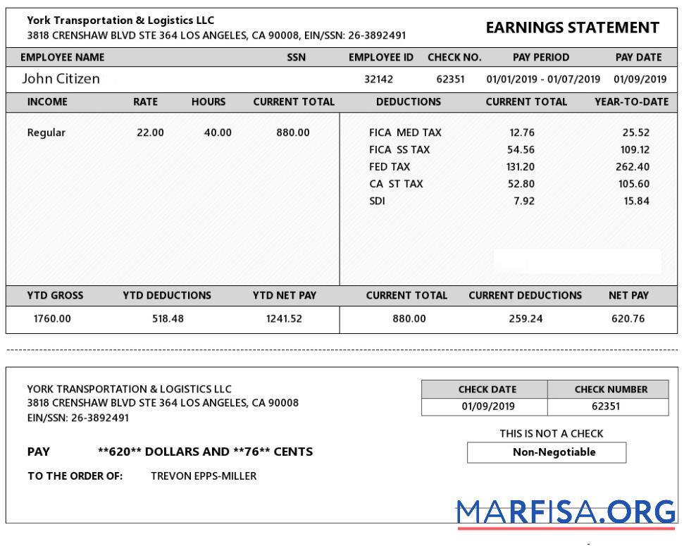 Downloadable USA YORK Transportation & Logistics LLC earning statement example